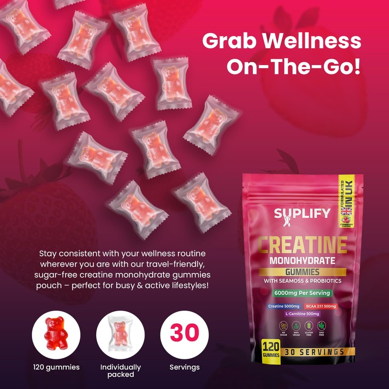 Suplify, Max 5000mg, 120 Creatine Monohydrate Gummies, Added 500mg BCAAs