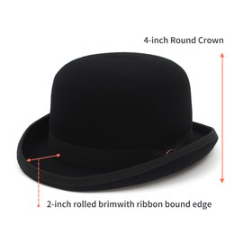 GEMVIE Black Derby Hat 100% Wool Theater Quality Hat Bowler Hat for Men Women Vintage Costumes, Black, 7 3/8