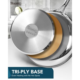 MICHELANGELO 18/10 Stainless Steel Frying Pan Set, 8" / 9.5" / 11" Cooking Pans, Triply Base Stainless Steel Pan Set with Ergonomic Handle, Induction Compatible