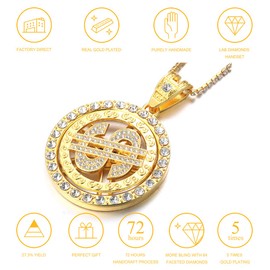 Halukakah Gold chain for men, 18 carat real gold / platinum white gold, money dollar pendant necklace, full cubic zirconia, laboratory diamonds with rope chain, 60 cm, tennis chain, 50 cm, free gift