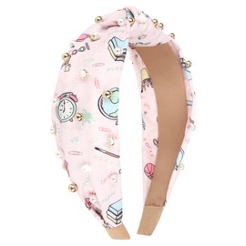 YARIEW Teacher Knotted Headband for Women Book Pencil Rhinestone Pearl Embellished Teacher Headbands Jeweled Headband Top Knot Hair Accessories for Women Back To School Supplies Pink