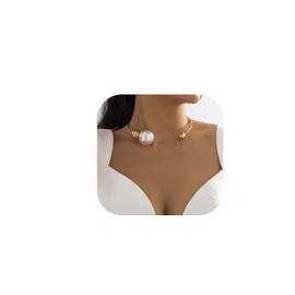Elegant White Pearl Choker Necklace for Women Big Ball Pendant Open Cuff Clavicle Chain Wedding Bridal Pearl Round Collares Jewelry (Gold)