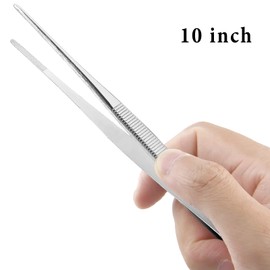 Suiwotin 2PCS 10 Inch Cooking Tweezers Stainless Steel Kitchen Tweezers Long Tweezers with Straight Serrated Tip Heavy Duty Food Tweezers for Cooking, Bar, BBQ, Crafting Repairing