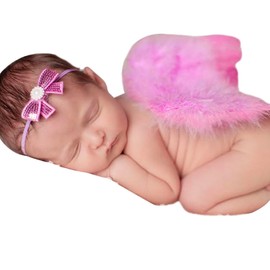 Newborn Photo Props, Angel Feather Wings Flower Headband Set, Qyeaber Black Infant Angel Wings Hairband Photography Props Costume, Baby Photo Shoot Accessories (Pink)