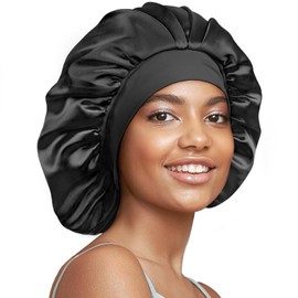 Umisleep 22 Momme 100% Mulberry Silk Inner Bonnet with Satin Outer, Double Layer Hair Care Bonnet for Long Curly Hair, Soft Elastic Band, Non-Slip Sleep Cap for Women, Black+Purple