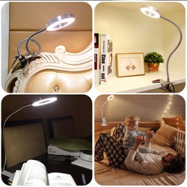 Akynite Akynite 7W USB Clip On Reading Light with UK Adapter, 3 Colour Changing & 10 Brightness, Clamp Bedside Lamp, LED Nail Ring Lamp Clip on Desk, Flexible Beauty Lamp for Eyelash Extensions, Silver
