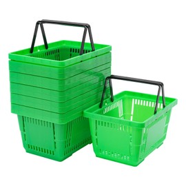 12PCS Green Plastic Shopping Basket with Handles - 28L Retail Grocery Baskets Set for Stores, Supermarket, Groceries