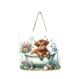 Wood Mini Sign, Wall Art Wood Kitchen Sign, Tier Tray Decor Sign Highland Cow Decor (Highland Cow Bath)