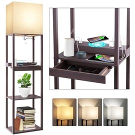 RUNTOP - Lmpara de pie con estantes, lmpara de pie moderna con cargador inalmbrico, 1 cajn y 2 puertos USB y 2 tomas de corriente, bombilla LED de... 