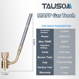 TAUSOM Propane Mapp Gas Torch Head 360° Rotatable Nozzle, Plumbing Torch Flame Adjustable Fuel by Propane Mapp Map-Pro Canisters, High Intensity, Brass Pressure Regulator