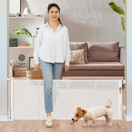 24 Inches Tall Retractable Dog Gate for The House, Short Baby Gates to Step Over, Extends up to 55" Wide, Reinforced Mesh Puppy Gate for Doorways, Step Over Pet Gate for Stairs, Indoor/Outdoor (White)