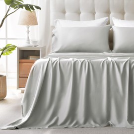 Luxe Linen 100% Lenzing Tencel Lyocell Twin Size Bed Sheet Set, 3 Piece Solid Light Grey Cooling Bed Sheet Set, Silky Soft & Luxury, 1 Deep Pocket Fitted Sheet & 1 Flat Sheet & 1 Pillowcase