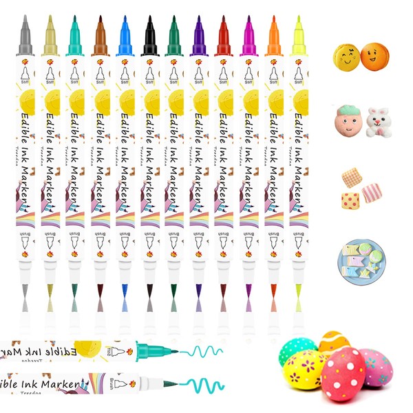 Edible Food Colouring Pens 12Pcs,Dual Sided Food Grade Icing Pens and Edible Markers with Fine&Thick Tip,Edible Food Pens Gourmet Writers for Cakes,Cookies,Fondant,Frosting,Easter Eggs,Desserts Decor