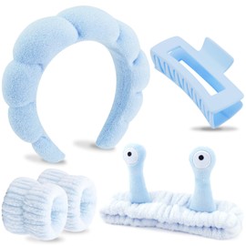 VELSCRUN Spa Headband, Makeup Face Wash Skincare Headbands, 5 Pcs Sponge Get Ready Snail Hairband Facial Wristband Hair Clip Set, Stuff for Teen Girls Women Trendy Hair Accessories Blue