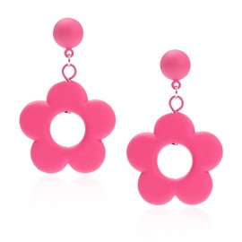 60s 70s Flower Earrings - Floral Daisy Dangle Clay Earrings, Groovy Style (Pink)