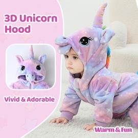 LOLANTA Toddler Rainbow Unicorn Costume Girls, Plush Hooded Romper for Baby, Purple Pink, 6-12 Months