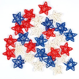 OLIKER 30 PCS 4th of July Star Decorations, 2.5 * 2.5 inch Red Blue White Stars Rattan Wicker Balls for Independence Day, Bow vase fillers for Home Decor Ornaments Wedding Memorial Day