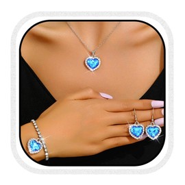 Unicra Heart Silver Jewelry Set Rhinestone Necklace Earrings Bracelet Sets Prom Formal Bridal Wedding Jewelry Sets for Women and Brides (Light Blue)