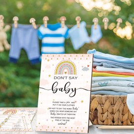 Patelai 321 Pcs Baby Shower Games Supplies, 5 Sets (50 Cards Each) Activities Cards with 20 Pencils 1 Don't Say Baby Sign 50 Clothespin(Boho Style)