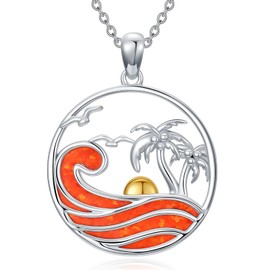 Cargari Ocean Wave Necklace for Women Sterling Silver, Palm Tree Opal Wave Pendant Necklaces, Summer Beach Sunset Tropica Necklace, Birthday Mother's Day Ocean Wave Jewelry Gifts