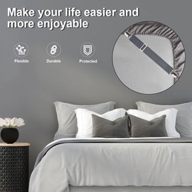 Sheet Fasteners, Sopito 4pcs Adjustable Elastic Straps to Keep Sheets in Place Heavy Duty Non Slip Bed Cover Grippers Clips for Crib to King Size Bed, Gray