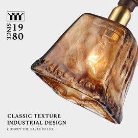 LUXWELL Modern Amber Glass Pendant Light, 4.15"x4.15" Hanging Fixture with Golden Wood Handle & Brass Cap, 15"-72" Adjustable Line, E26 Socket – Golden Amber Square