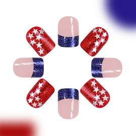 4th of July Press on Nails Short Square Fake Nails with Glitter Star Designs Blue French Tip Nails Press ons Red Glue on Nails Independence Day False Nails Nude Stick on Nails for Women 24Pcs