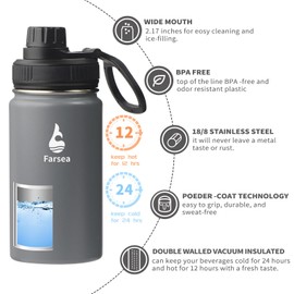Farsea - Botella de agua aislada con mango de paracaídas, bota protectora de silicona y 2 tapas (tapa de popote y tapa de boquilla), botella de agua de acero inoxidable boca ancha, doble pared a prueba de sudor, sin BPA, 12 onzas