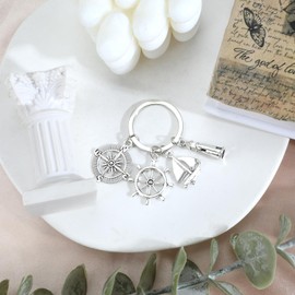 Schlüsselanhänger, nautisches Thema, Kompass, Segelboot, Leuchtturm-Anhänger, Schlüsselanhänger für Reiseliebhaber, Geschenk für Abenteurer, Geschenk für Freunde, silber, Small