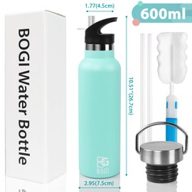 BOGI Insulated Water Bottles with Straw-600ml Stainless Steel Water Bottle Metal Water Bottles,BPA Free Leakproof Reusable Water Bottle with 2Lids,Sports Gym Water Bottle for Kids Girls Boys-Aqual