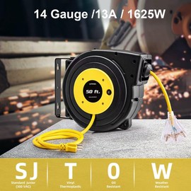 LEPENEL 50 Ft Retractable Extension Cord Reel,14 AWG/3C SJTOW Heavy Duty Power Cord, 13 Amp Circuit Breaker, 3-Lighted Triple Outlets, Wall/Ceiling Mounted, UL Listed