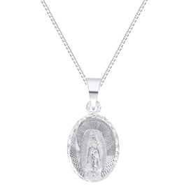 925 Sterling Silver Our Lady of Virgin Guadalupe Small Oval Medallion Pendant Charm with Box Chain Necklace Nickel Free (18")