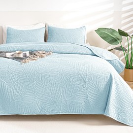 OARAGE Twin Quilt Bedding Set Aqua Blue Soft Lightweight Bedspread with Leaf Pattern Ultrasonic Microfiber Bed Coverlet for All Season (1 Quilt,1 Sham)