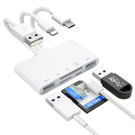 Lector de tarjetas de memoria 5 en 1, Adaptador USB C/Light-ning/USB A OTG para Phone/Pad, 100W PD Carga, Cámara Micro SD/TF lector de tarjetas de memoria, compatible con SD/MicroSD/SDHC/SDXC/MMC
