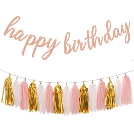 Weforu Glitter Rose Gold Happy Birthday Banner with Tissue Paper Tassels Garland for Birthday Decorations Gold Happy Birthday Sign for Baby Girls Women