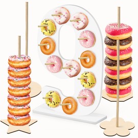soleim 5 Pcs Donut Stand Set, Doughnut Party Supplies Include 1 Pc Digit Donut Wall Display Stand, 4 Pcs Doughnut Wall, for Birthday Wedding Baby Shower Party (White number 9)