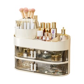 Rotating makeup organizer with Drawers,Large Capacity Cosmetic Display Case,Easy Storage for Brushes/eyeliner/lipsticks/Perfume/skincare products/Jewelry,Great Holder for Vanity Bathroom Countertop