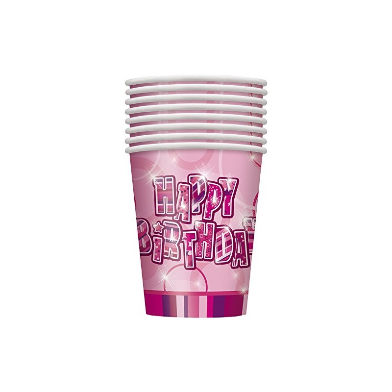 9oz Glitz Pink Birthday Paper Cups, Pack of 8