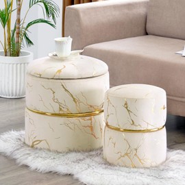 Furniliving Round Velvet Storage Ottoman Set of 2, Modern Footrest Upholstered Footstool Bronzed Fabrics Vanity Stool for Living Room, Bedroom, Dining Room Entrance Coffee Table (Khaki)