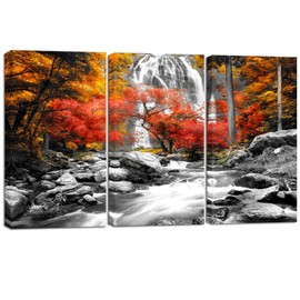 Visual Art Decor 3 Pieces Black White Red Canvas Wall Art Yellow Orange Trees Forest Waterfall Lake Picture Prints Nature Fall Scenery Paint for Modern Home Living Room Office Decoration (01, 12x24x3)