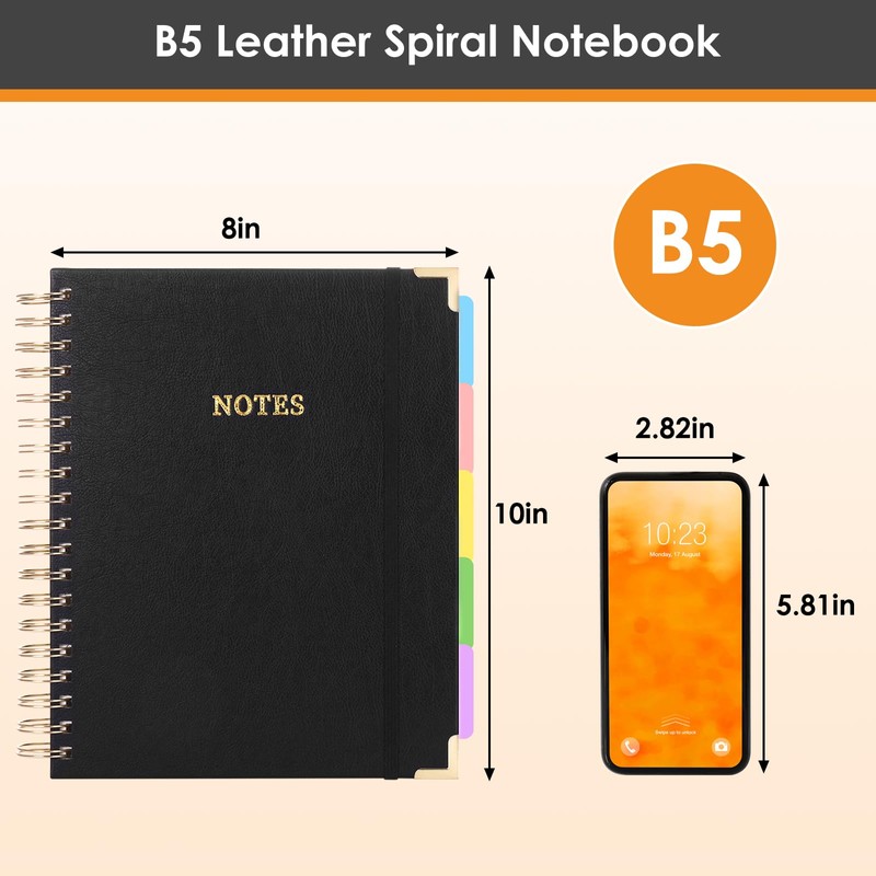 LABUK Leather Spiral 5 Subject Notebook with Removable Dividers Tabs,