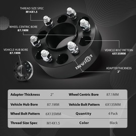LUJIANI 4 Pack 6x135mm Wheel Spacers for 2015-2025 F150 Expedition Navigator, 2" Thick Forged Hubcentric Tire Spacer, M14x1.5 Thread Studs & 87.1mm Centric Bore, 6 Lug Hub Centric Wheel Adapters