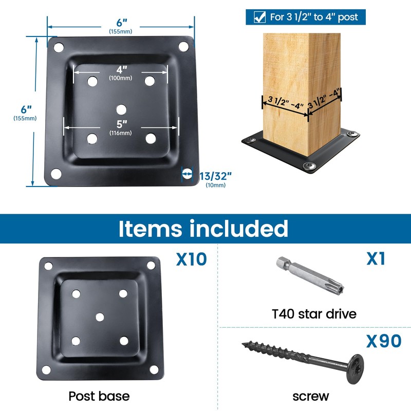 Muzata 10Pack Wood Post Plate Connector Fence Post Base Plate