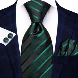Hi-Tie Black Tie Emerald Green Tie Silk Extra Long 70'' Men's Ties Set Striped Dress Necktie and Pocket Square Cufflinks