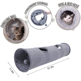 WOOLUCK Cat Tunnel, Large Cat Tunnel, Foldable Cat Tunnel, Cat Toy with Ball, Rustling Tunnel, for Cats, Rabbits and Other Animals (2 Caves 130 x 30 cm)