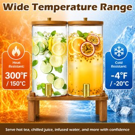 2PCS 1.5 Gallon Glass Drink Dispensers, Beverage Dispenser with Wood Stand