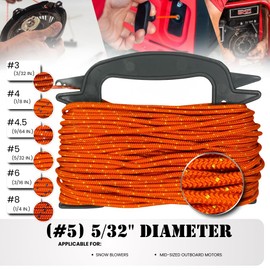 SGT KNOTS #5 Polyester Pull Cord - Small Engine Replacement Cord Rope for Lawn Mowers, Generators & More (5/32 in. x 50ft) Orange with Yellow Tracer