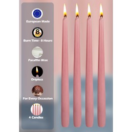 Hyoola Tall Taper Candles - 10 Inch Rose Pink Unscented Dripless Taper Candles - 8 Hour Burn Time - 4 Pack