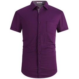 Mens Short Sleeve Dress Shirts Regular Fit Casual Button Down Shirts Purple M