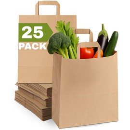 Qutuus 12x7x14 inches 25Pcs Large Paper Bags with Handles Bulk, Large Paper Grocery Shopping Bags with Handles, Brown Sacks for Groceries, Recycling, Delivery, Take Out, To Go, Retail